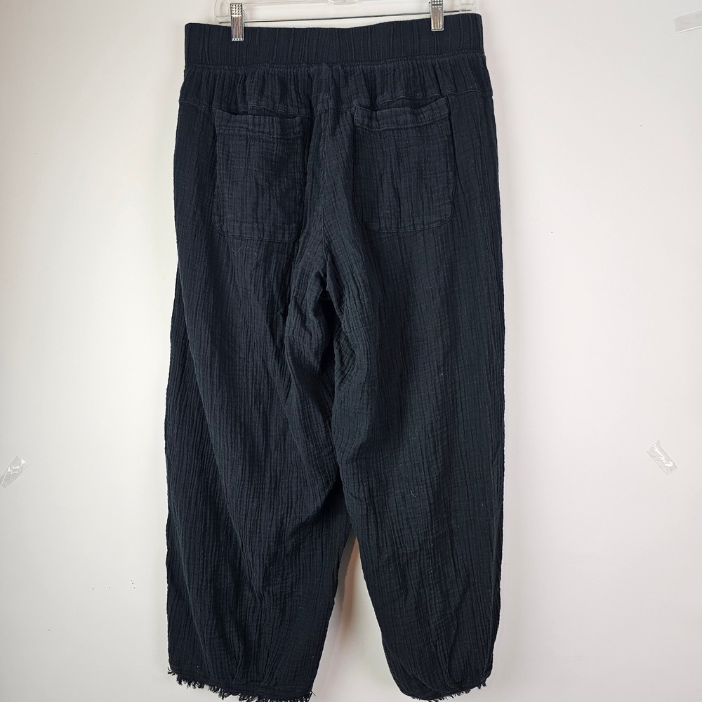 Prana Black Crinkle Gauze Wide Leg Hideaway Pants Frayed Hem Womens L Pull On
